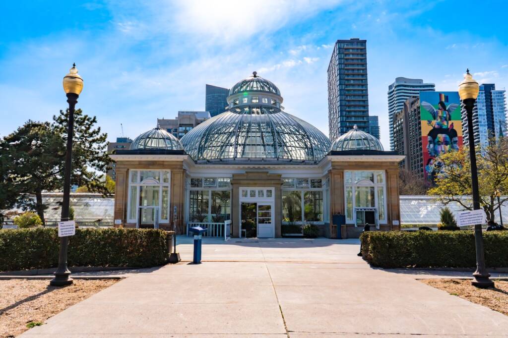 Allan Garden's green house. glass dome roof. blue sky, sunny