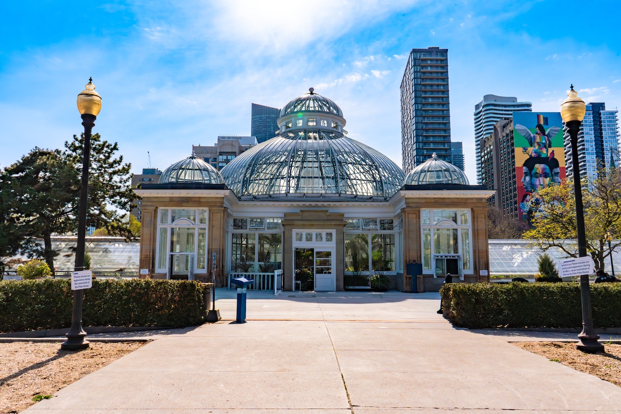 Allan Garden's green house. glass dome roof. blue sky, sunny