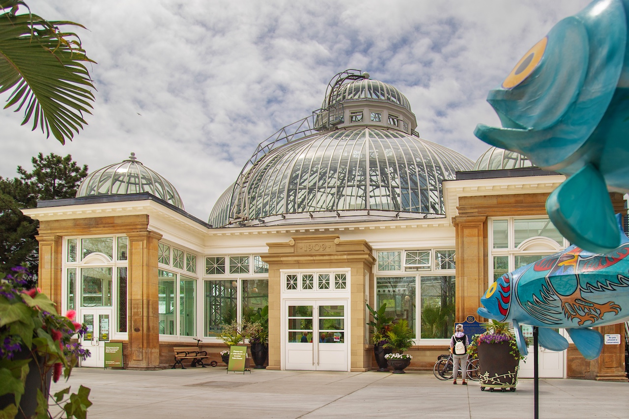 Allan Garden's green house. glass dome roof. cloudy day
