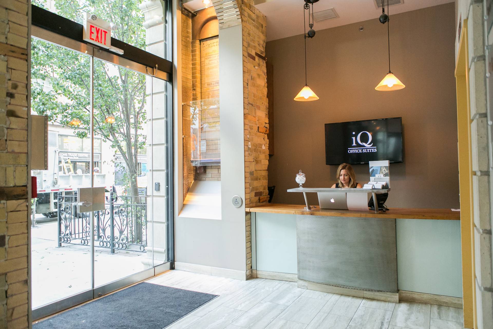 Reception Area, Front Desk, Large Glass Doors.