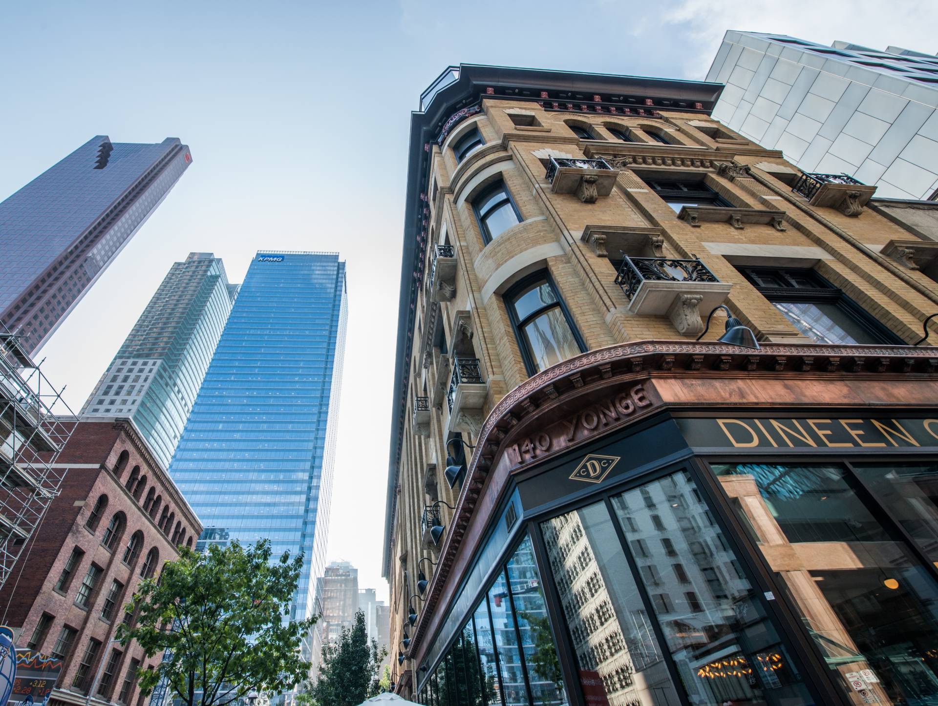 View of Renaissance Building from the bottom up with Toronto Skyline in the background