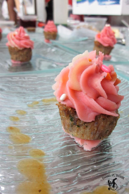 Duck Confit Cupcake crowned with a Roasted Beet Mash icing and sprinkled with candied aniseeds (Inspired by Bob Blumer)