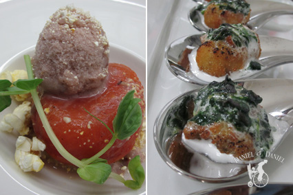 Left: Tomato Tarte Tatin topped with Black Olive Sorbet and Basil Oil Right: Oysters Rockefeller with a sweet Spinach Marshmallow, torched on-site