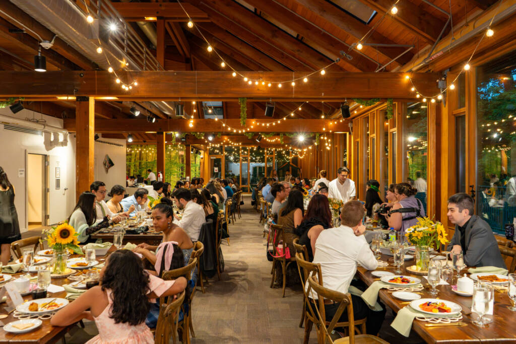 indoor plated sit down meal with people eating string lights over head and wood building.