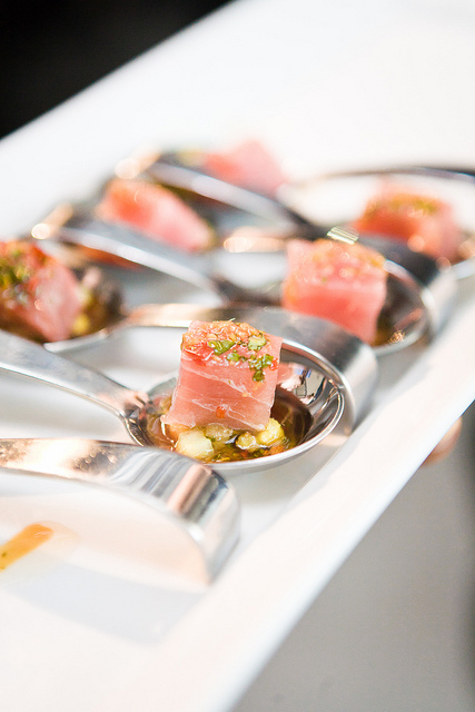 Sashimi Tuna Cube with Asian Pear, Avocado, Black Sesame Seeds & Spicy Ponzu Dressing