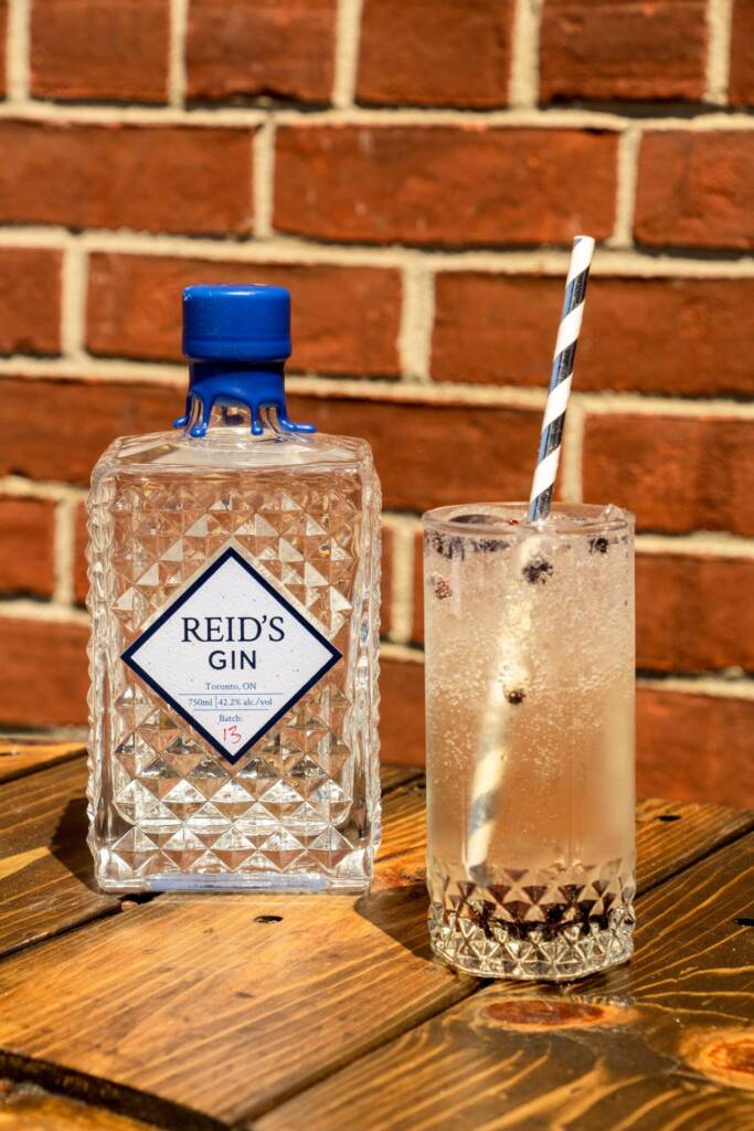 bottle of Reid's Gin with a Gin and Tonic in a highball